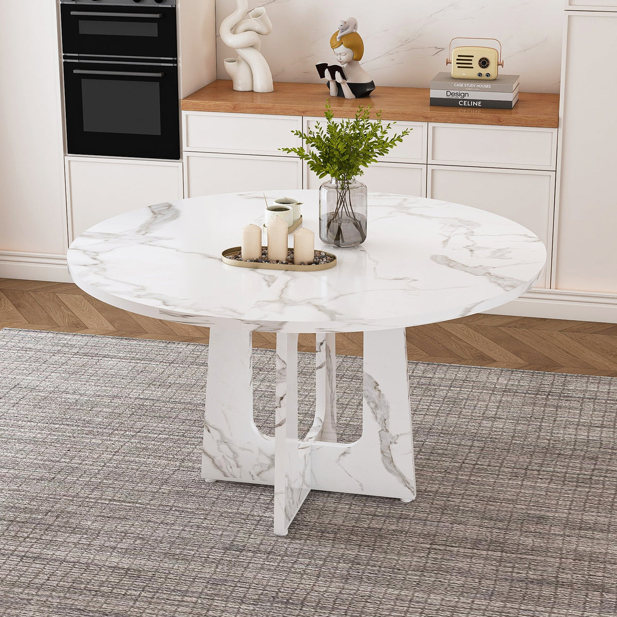 47.24" Round Dining Table for 4 - Farmhouse MDF Table with Marble