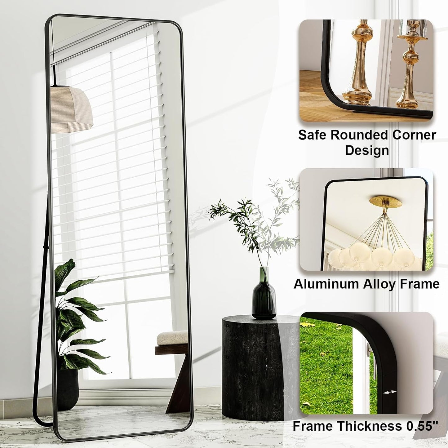 56 Inch Floor Standing Mirror With Black Aluminum Frame