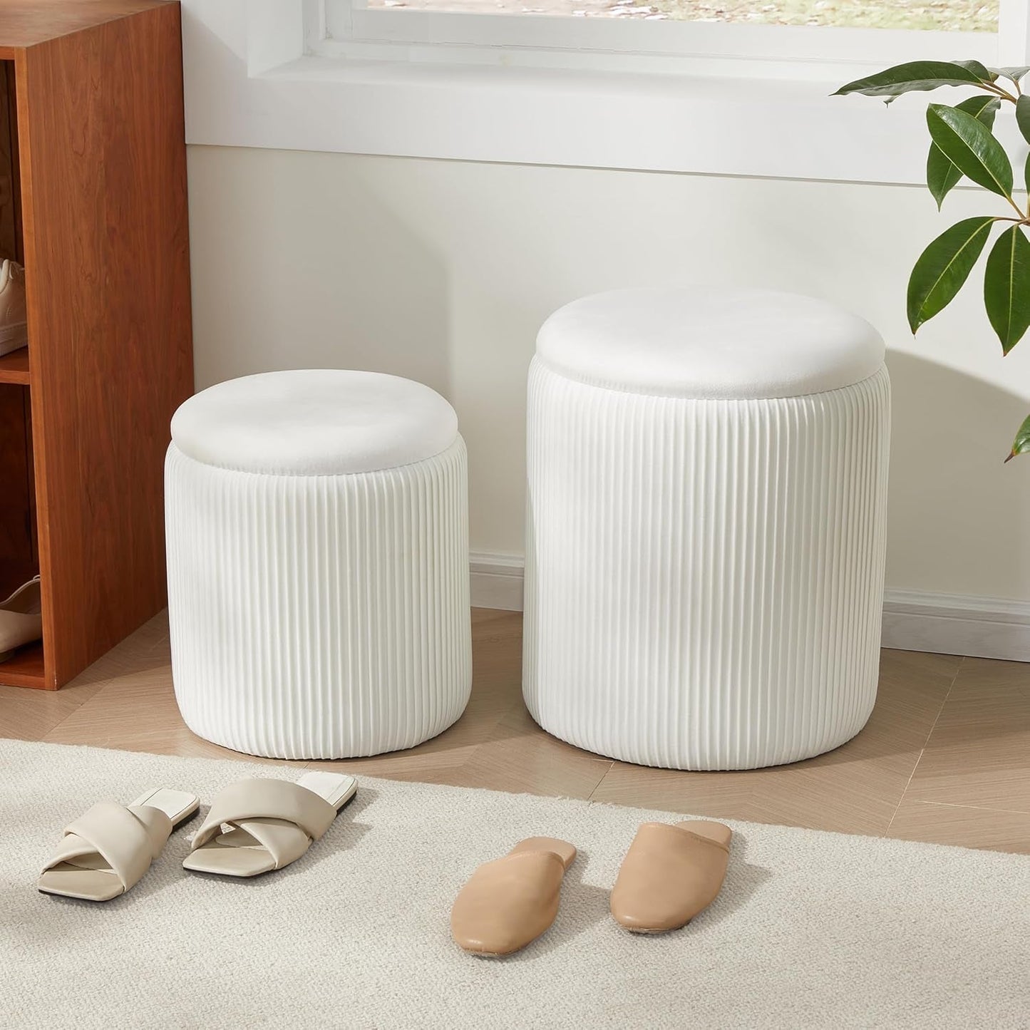 Compact Round Velvet Storage Ottoman TwoPack White