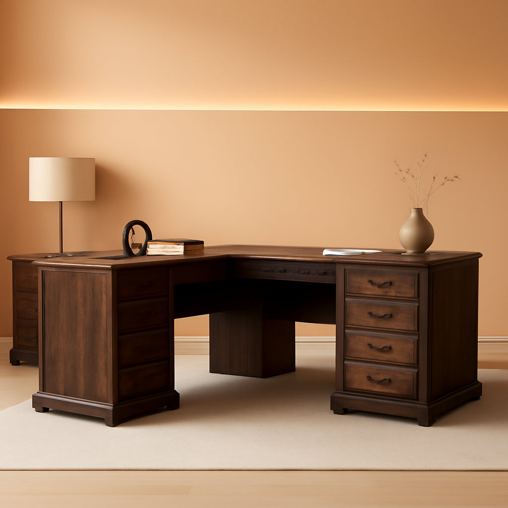 60In Farmhouse L Shaped Desk With Drawers Charging Oak