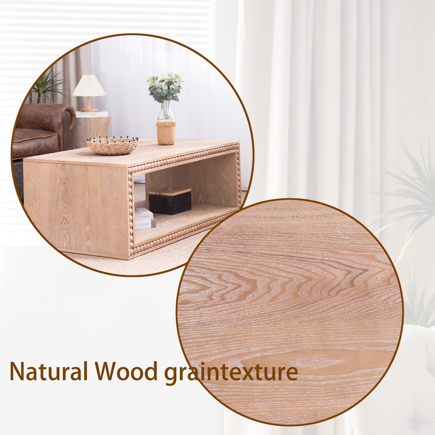 Rustic Beaded Edge Coffee Table – 47.6" Rectangular Center Table with Open Storage Shelf