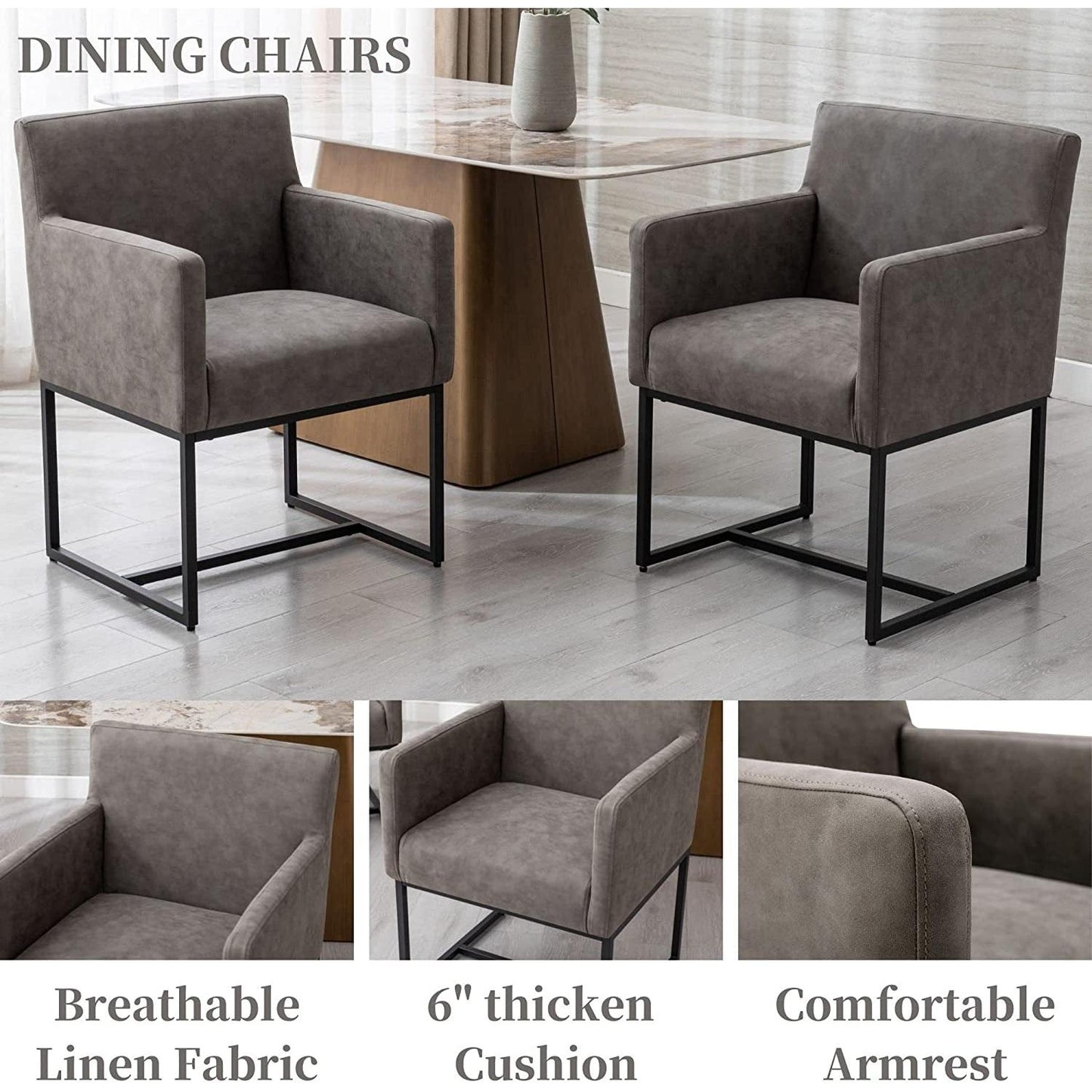 Set Of 4 Grey Upholstered Armchairs With Linen Fabric