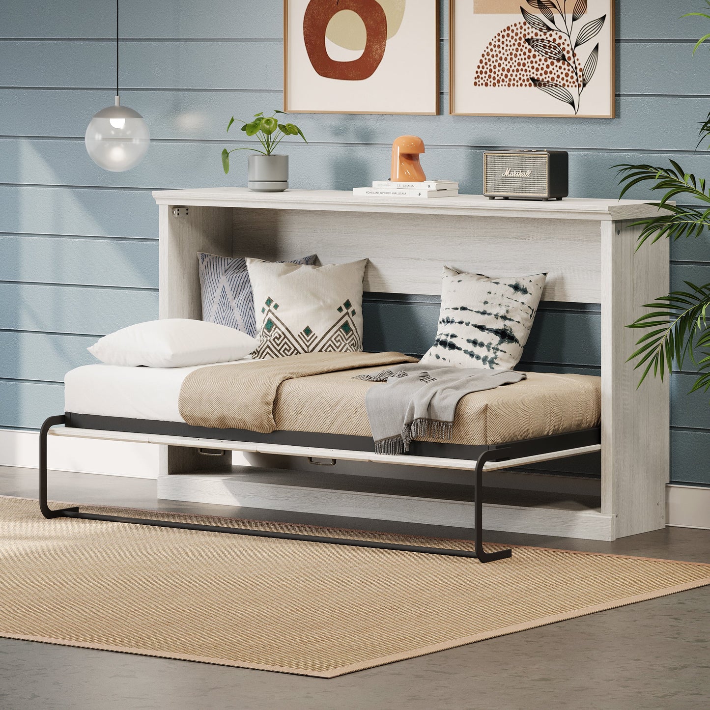 Twin Size Horizontal Murphy Bed in Rustic White