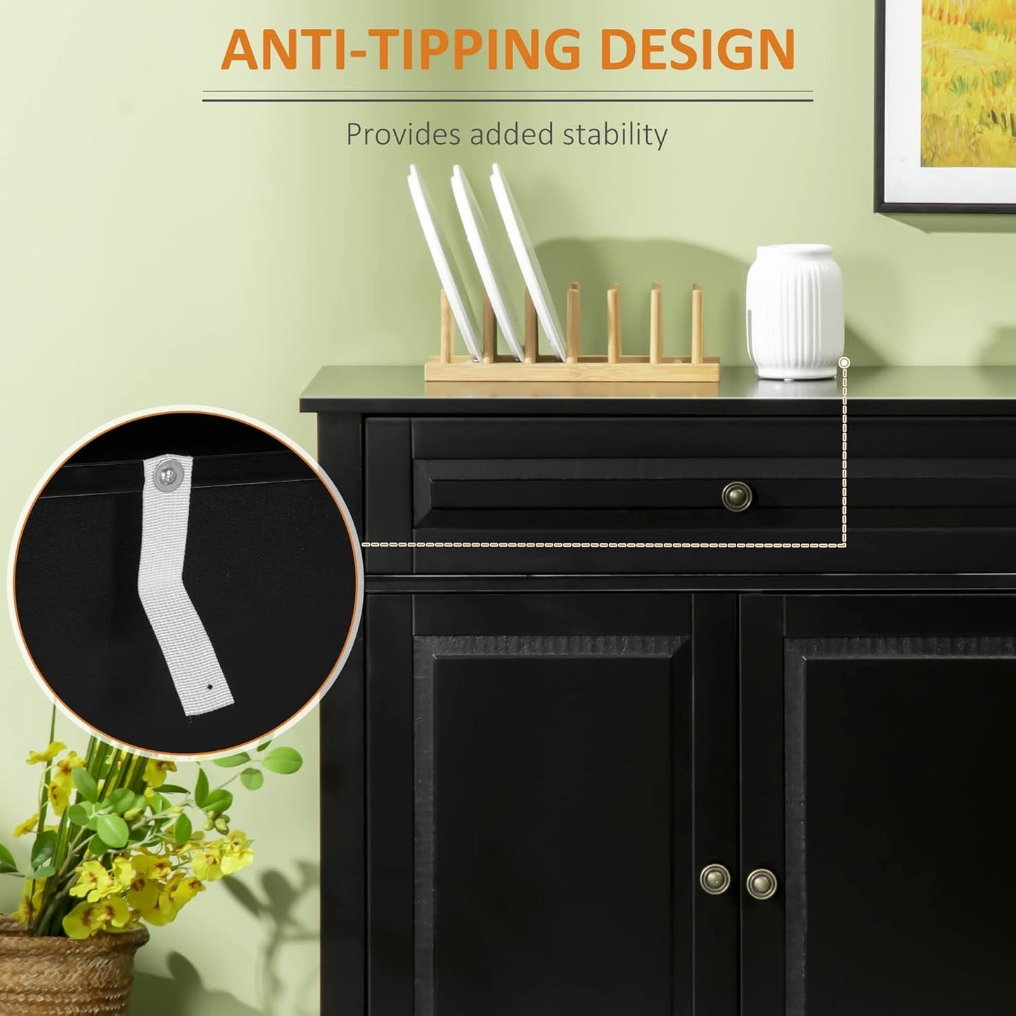 Black Buffet Cabinet With Drawers And Adjustable Shelves