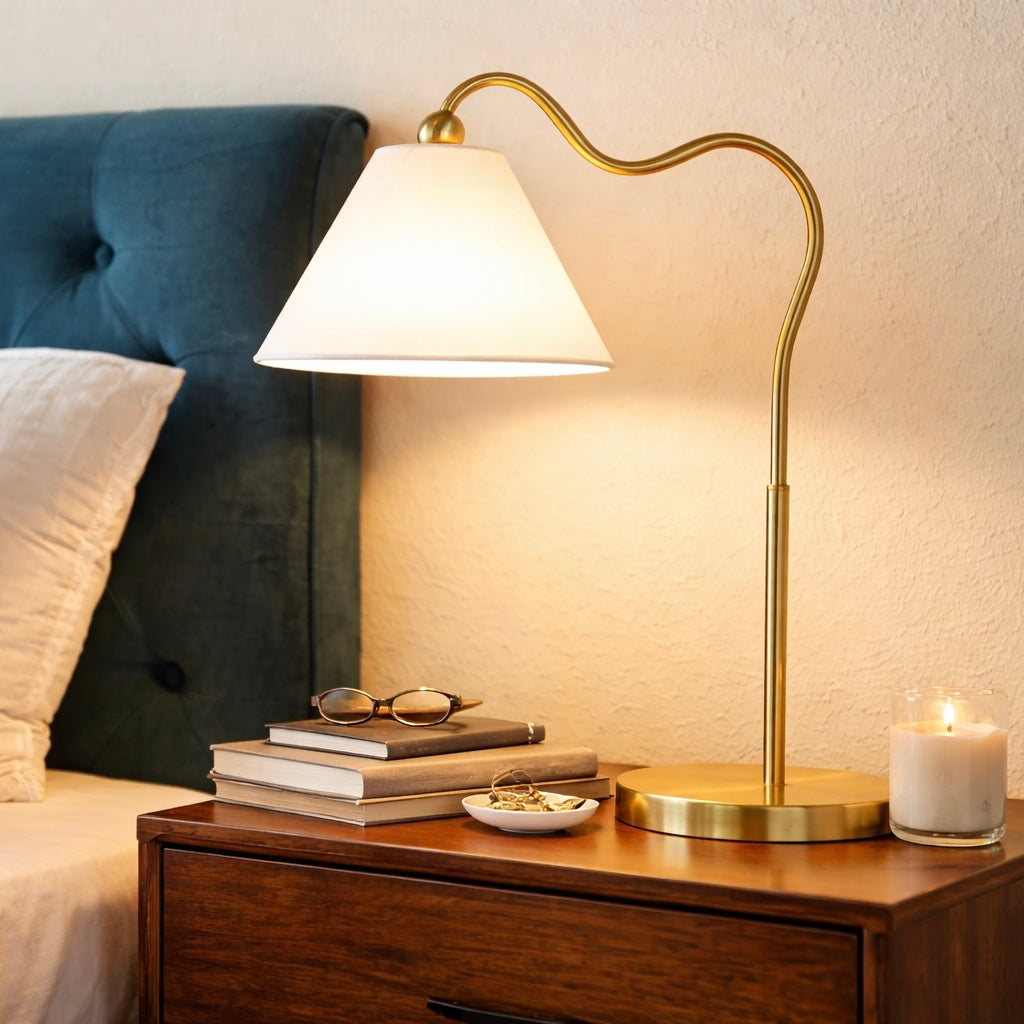 Ornate Brass Ring Base Curved Table Lamp