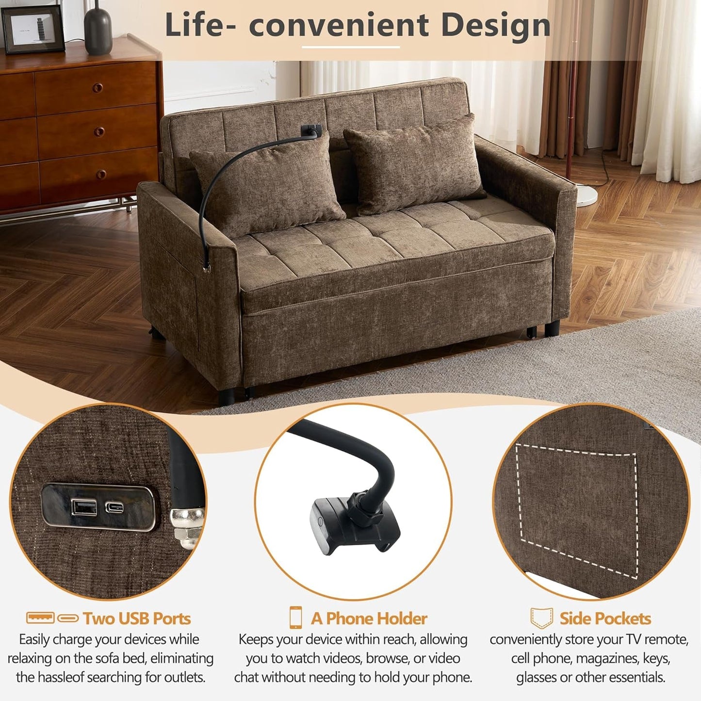 Premium Grade Ultra Chenille Sleeper Sofa With USB Ports