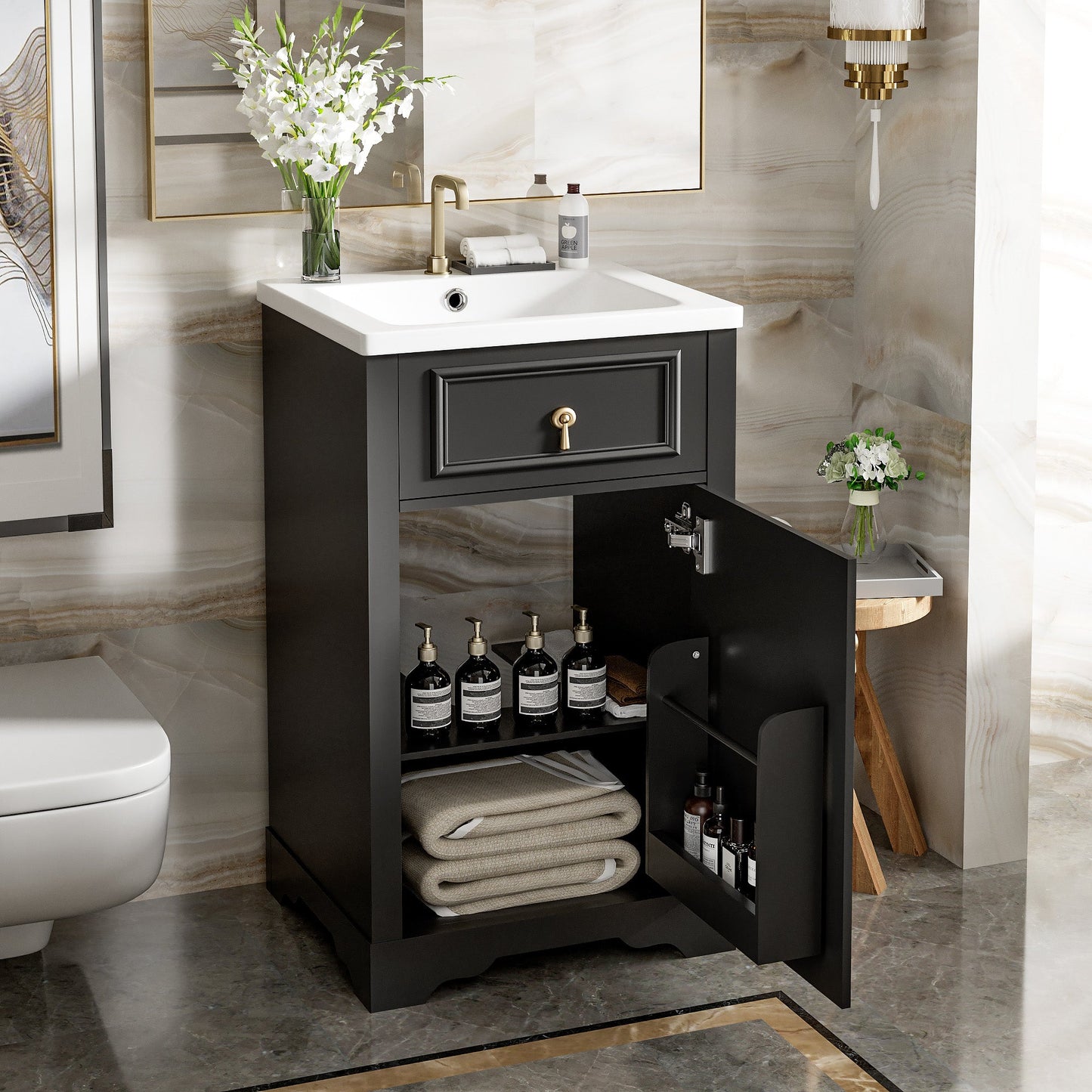 20-Inch Bathroom Vanity with Ceramic Sink, Soft Close Door & Storage Rack