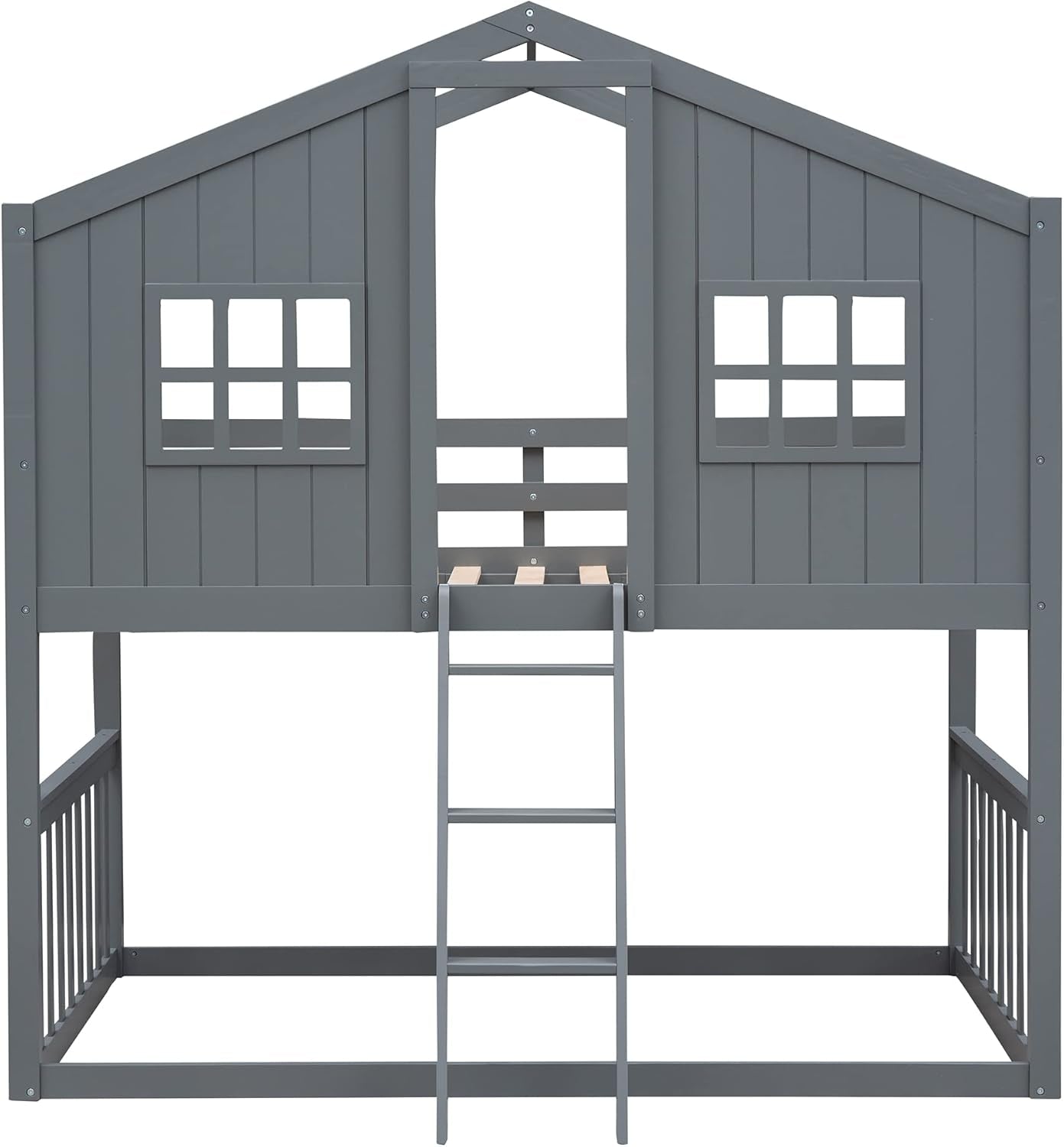 Gray Twin Over Twin House Bunk Bed With Roof For Kids