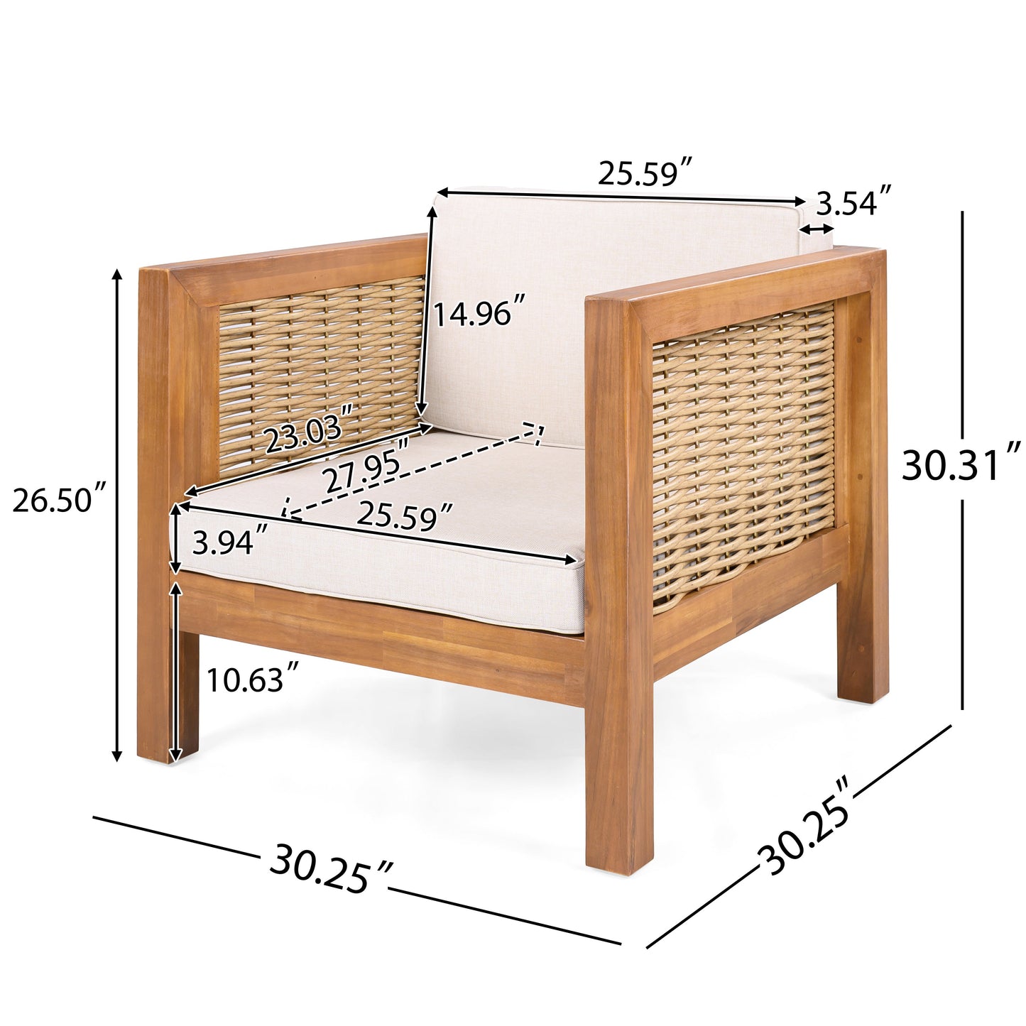 Acacia Wood Outdoor Club Chair with Wicker Armrest