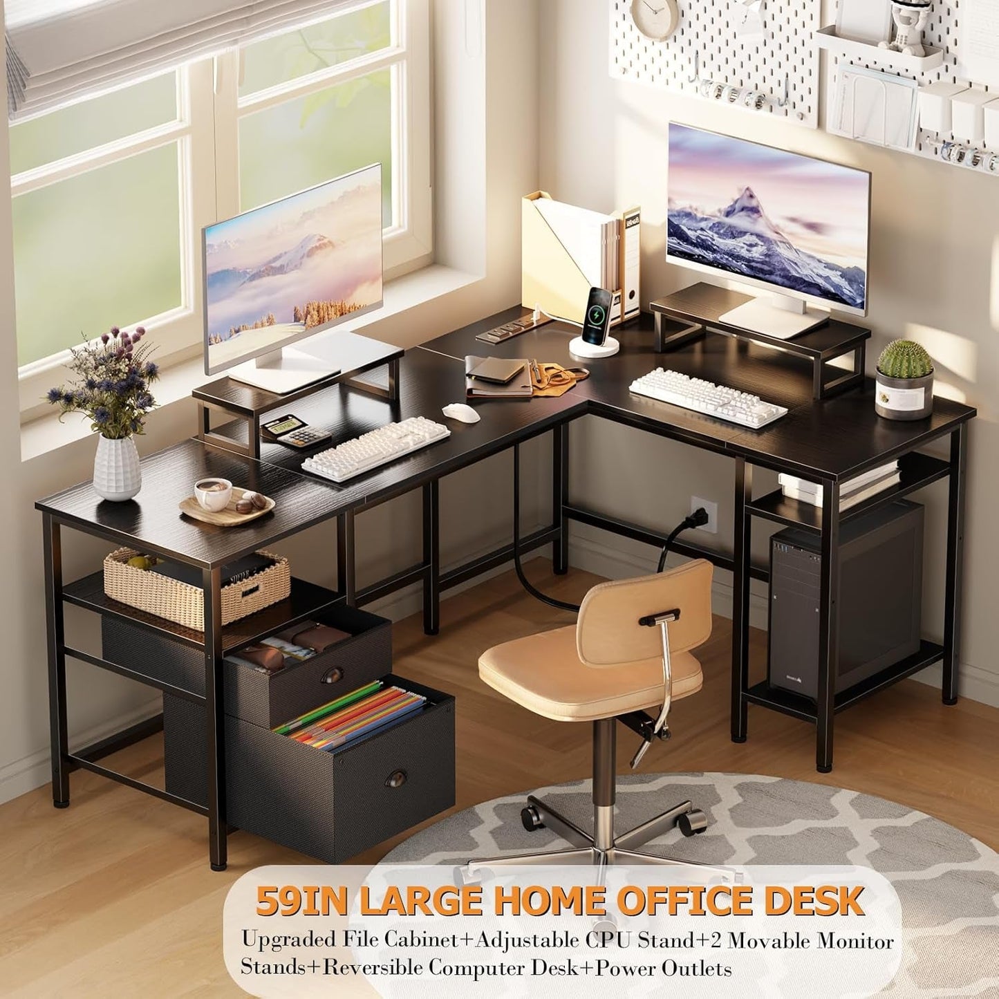 Fifty Nine Inch L Shaped Desk With Black Storage Drawers Unit