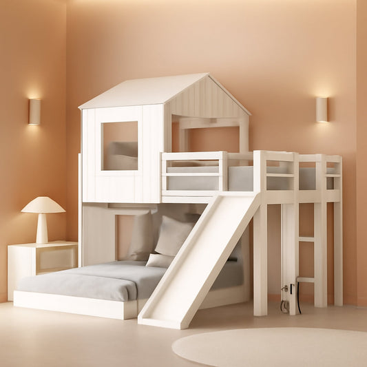 Twin Over Full Bunk Bed With Slide With Guardrails White