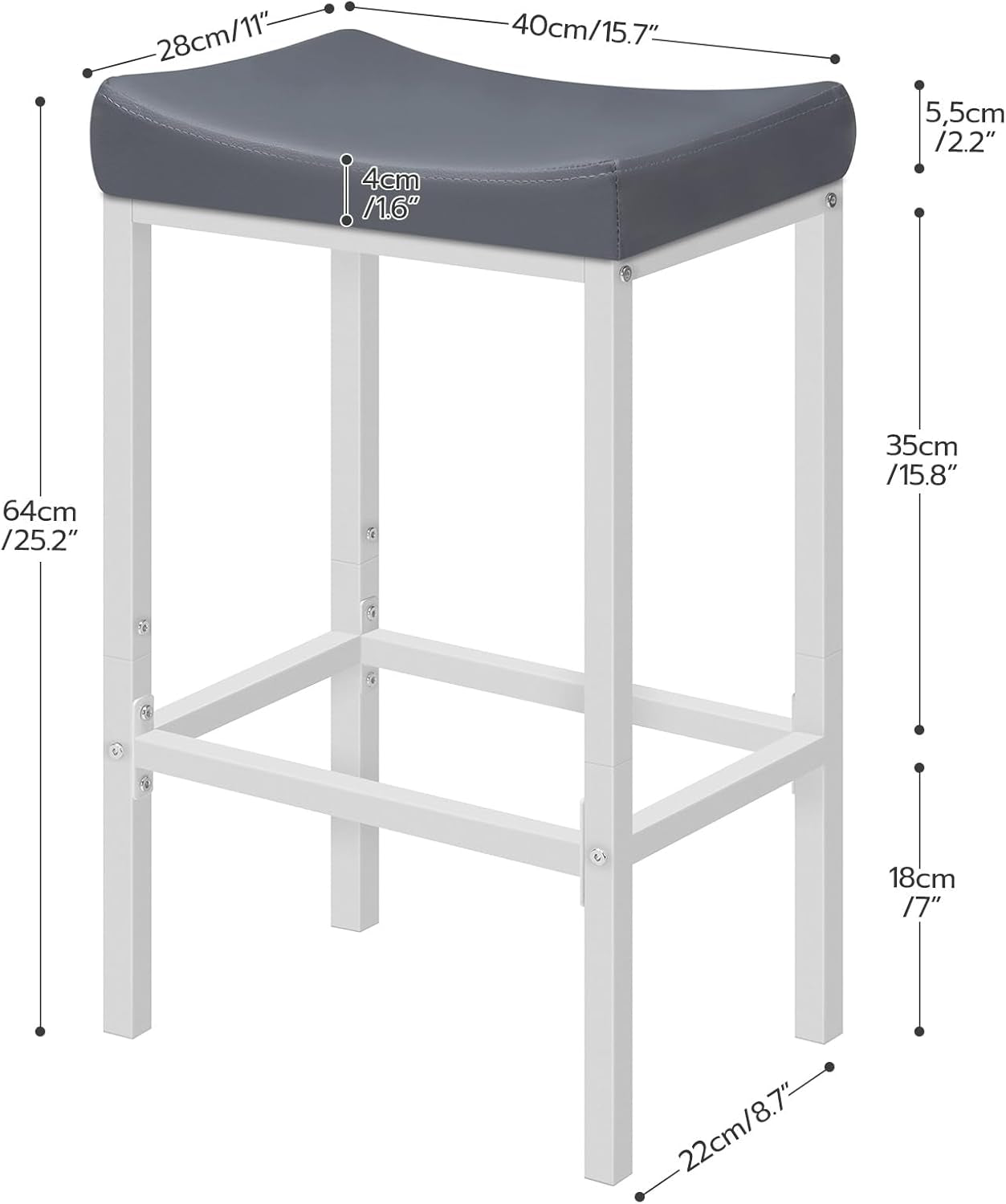 Saddle Bar Stools Set of 2, 24.8 Inches, White and Gray