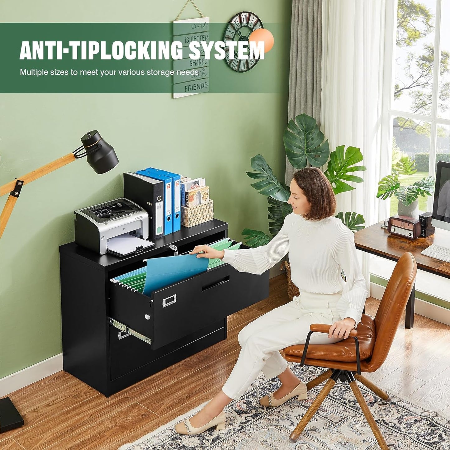 Metal Lateral File Cabinet With Lock 2 Drawer Black Steel