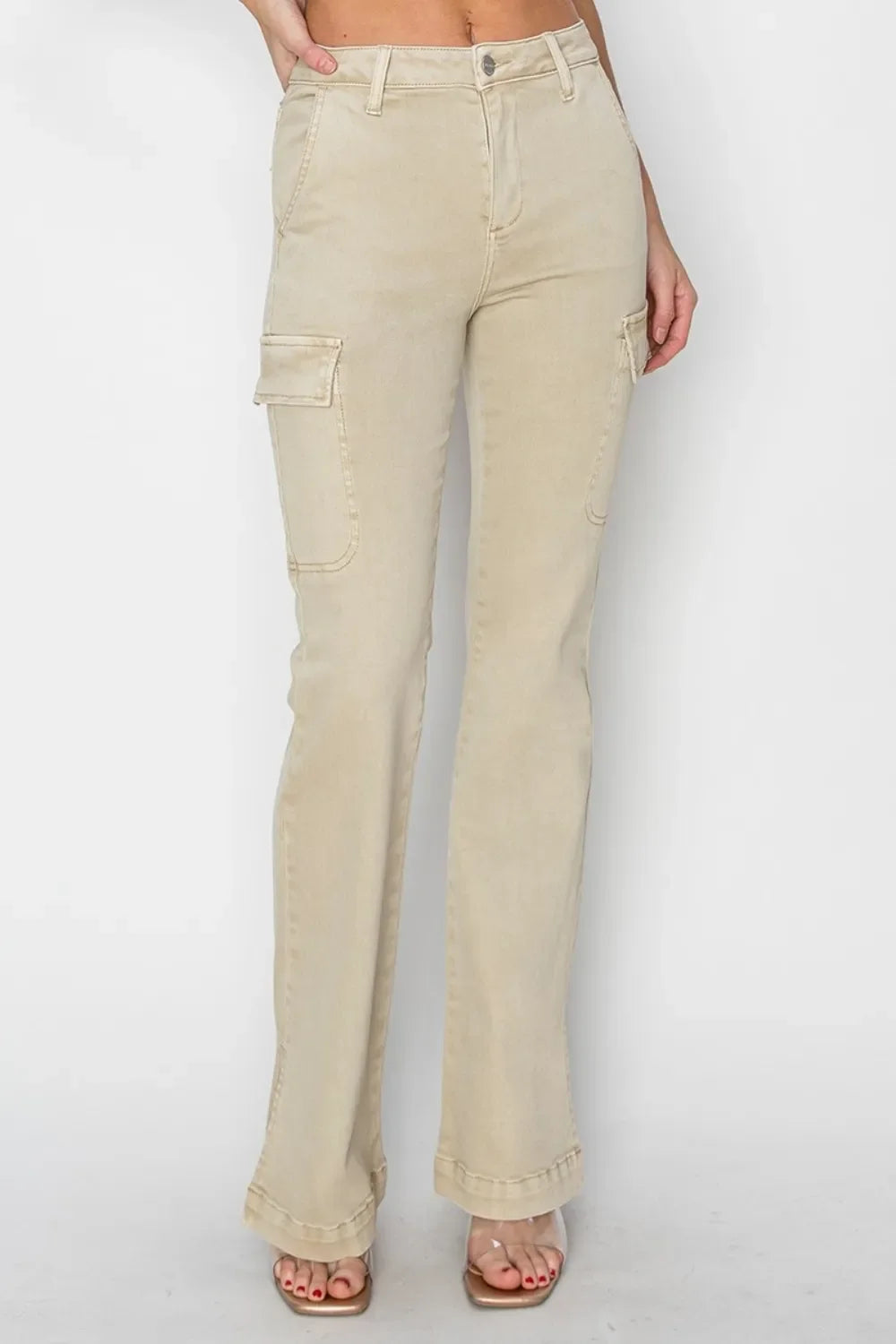 RISEN Full Size High Rise Side Slit Cargo Bootcut Jeans