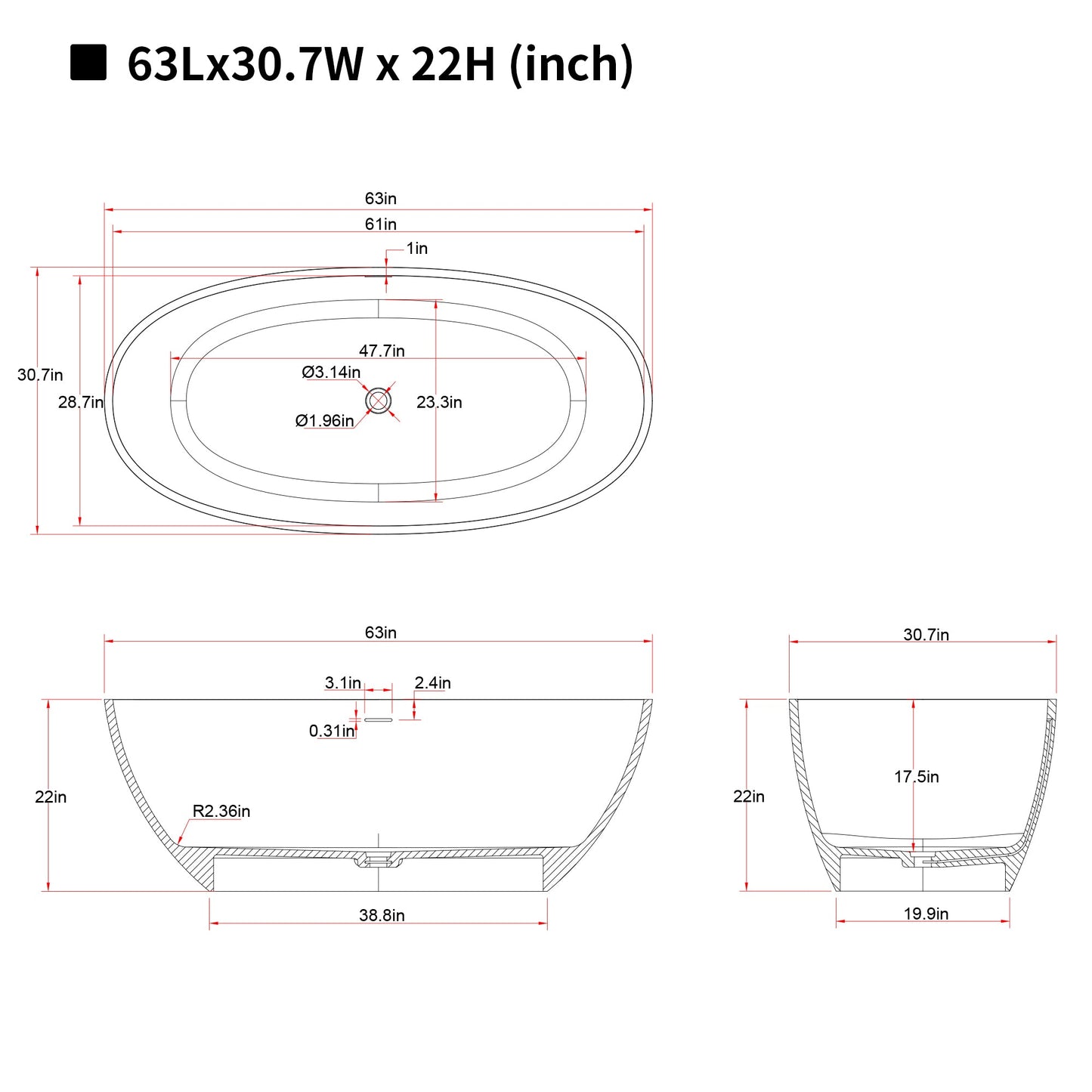 63'' Freestanding Bathtub