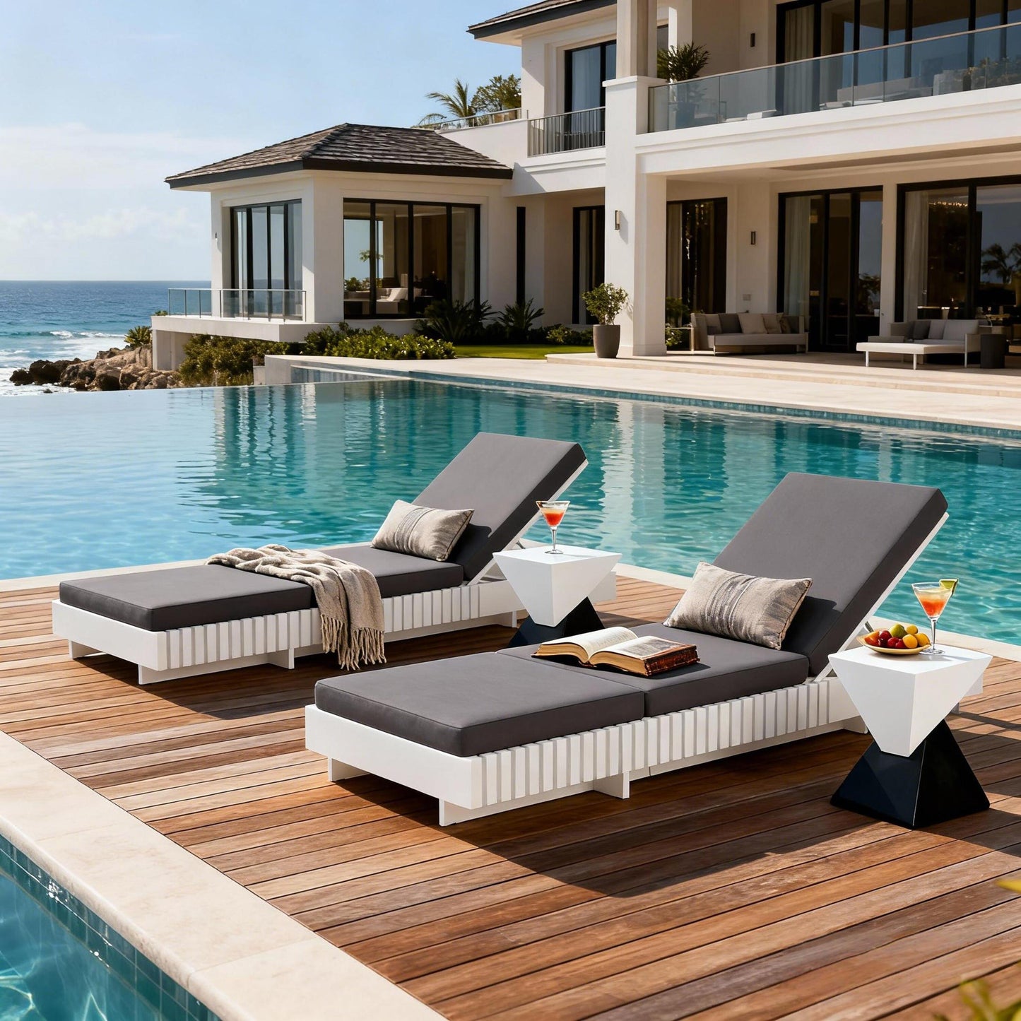White Acacia Solid Wood Outdoor Chaise Lounge with Dark Cushions