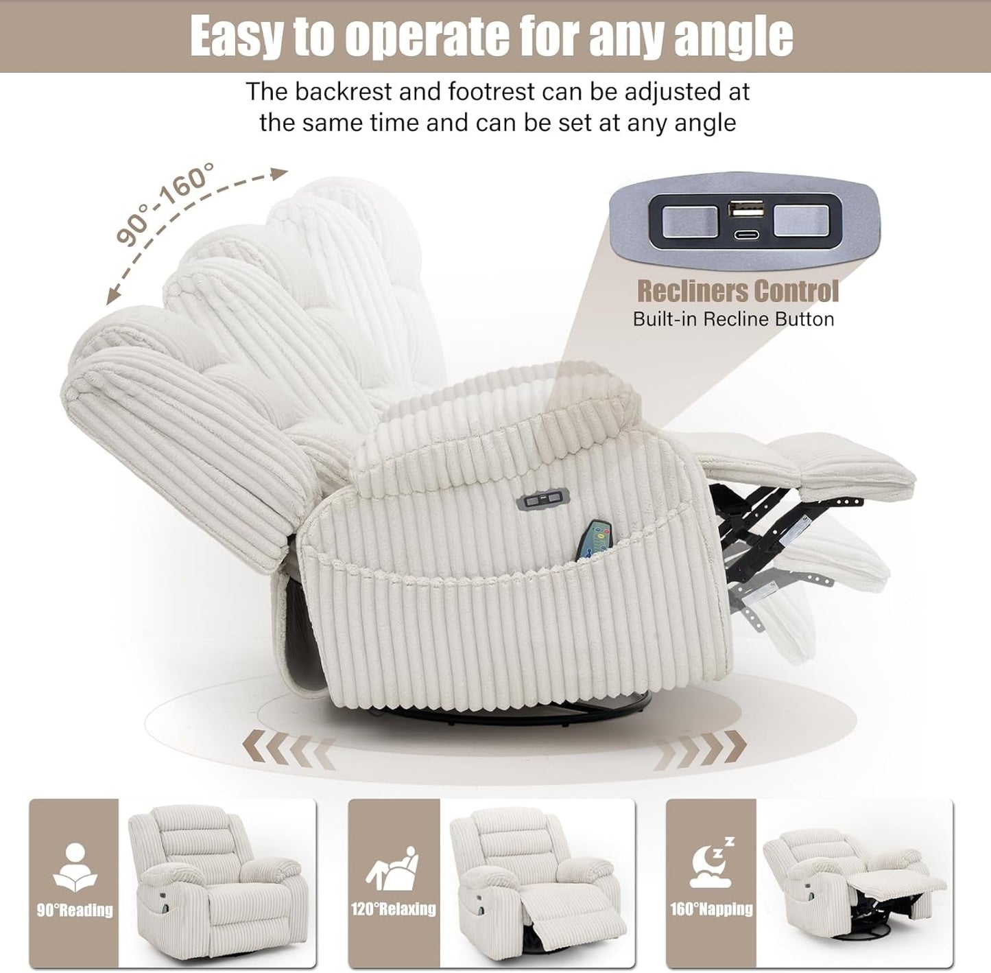 Power Swivel Rocker Recliner Chair With Massage And USB Charging White