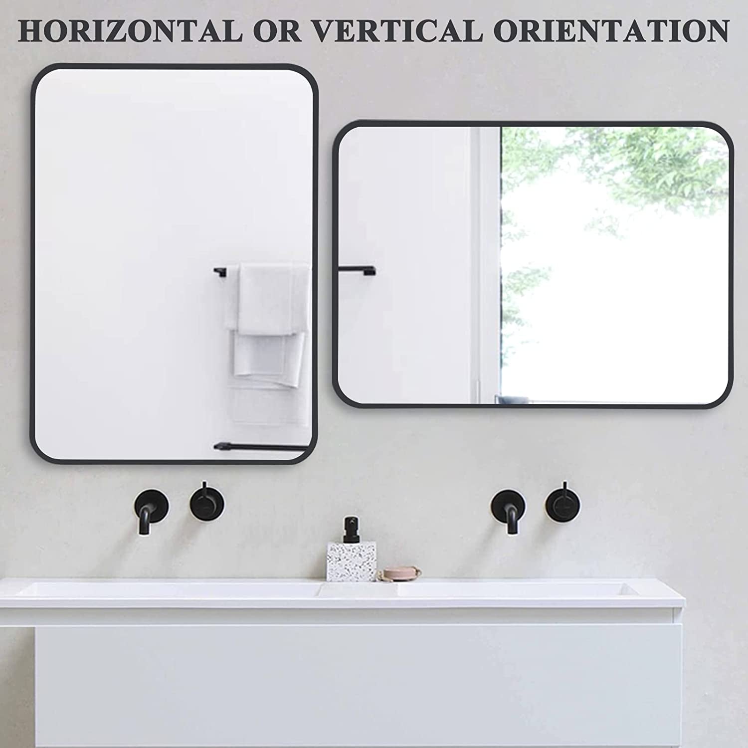 Black Metal Framed Bathroom Wall Mirror With Thin Frame in horizontal and vertical orientation above a modern sink.