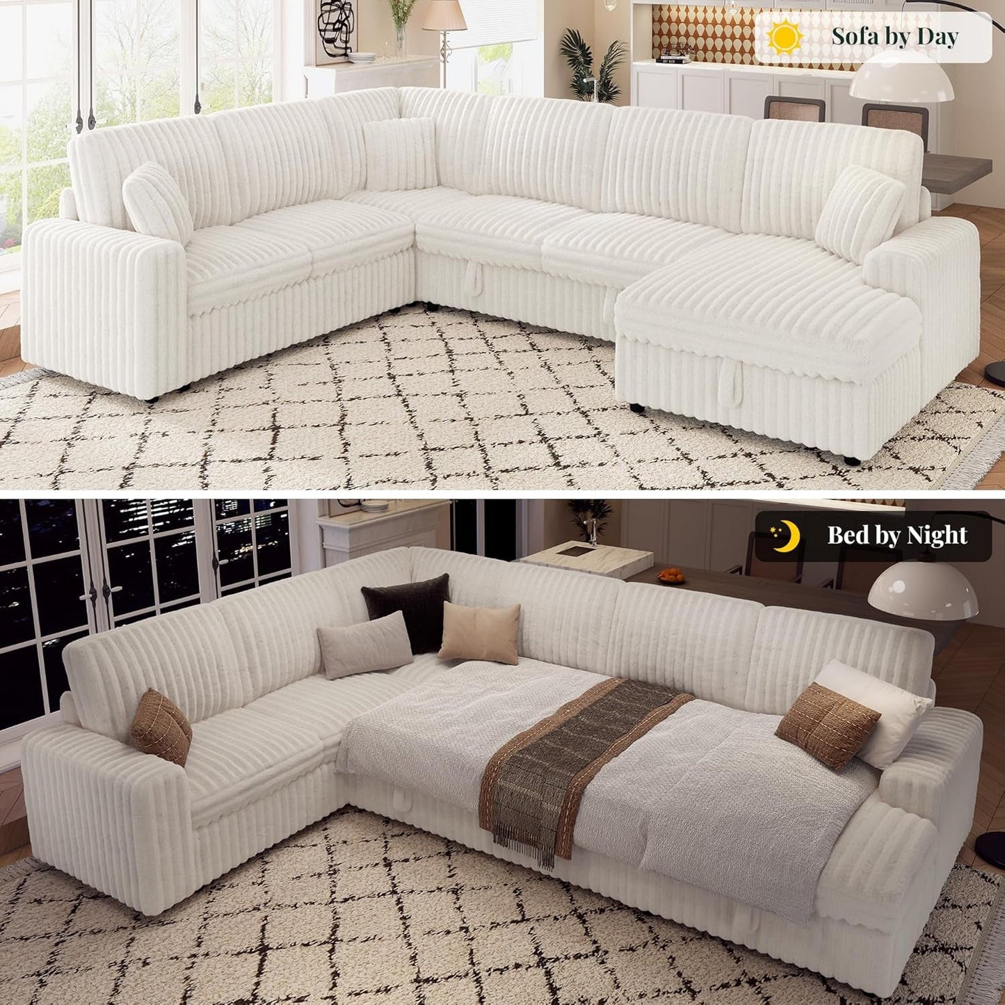 One Hundred Thirty Inch Sleeper Sofa With White Faux Fur