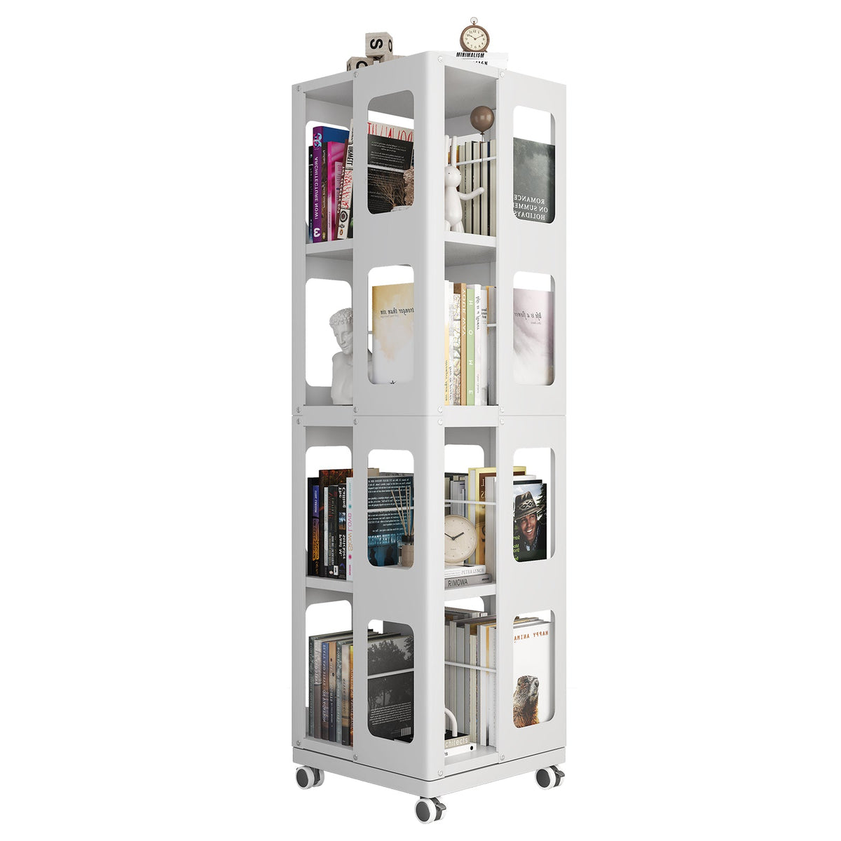 4-Tier All-Steel Rotating Bookshelf with 360° Wheels