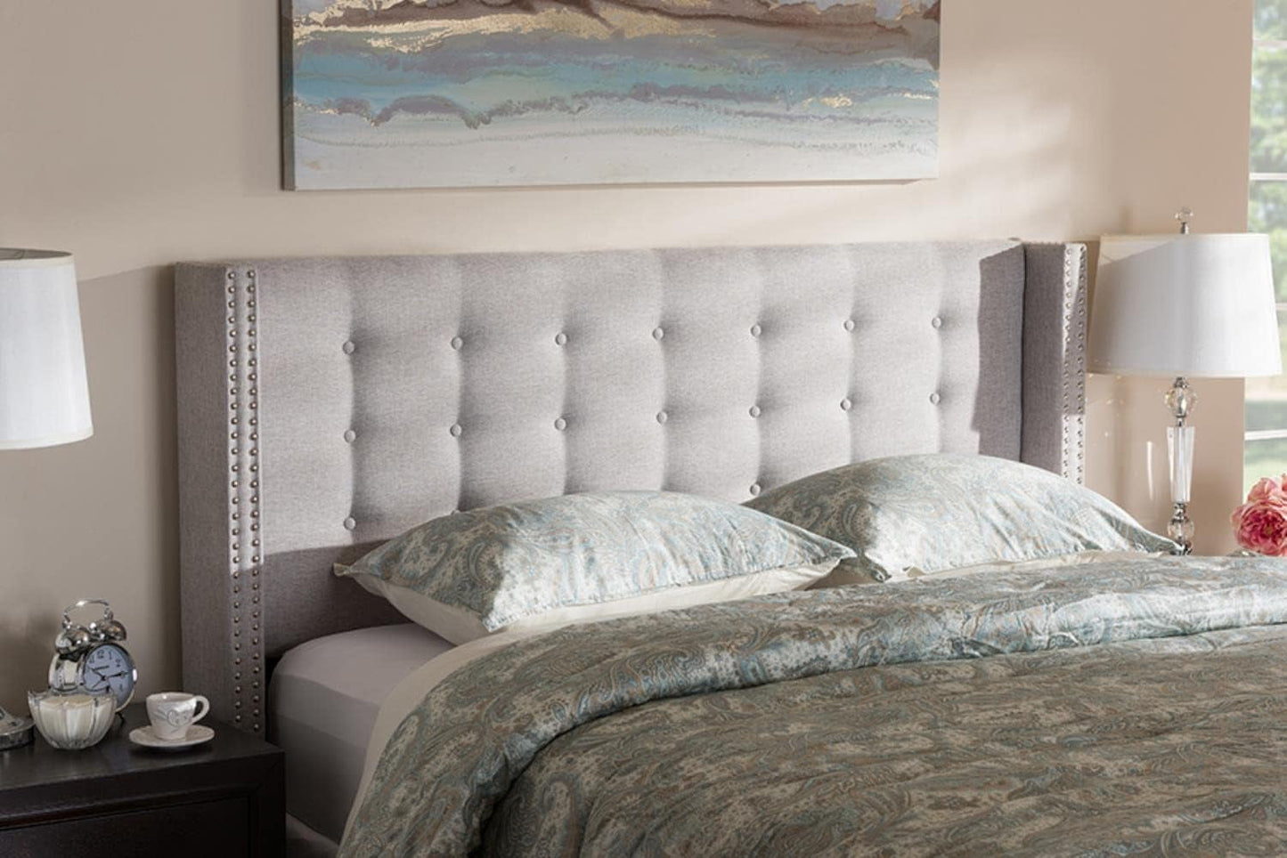 Modern Greyish Beige Winged Tufted Fabric Queen Headboard