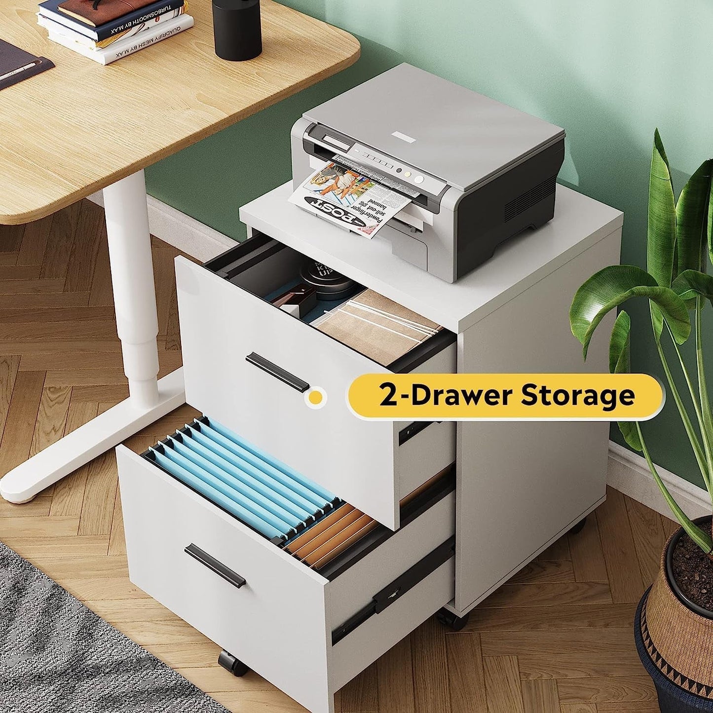 Mobile White Wood Lateral File Cabinet With 2 Drawers