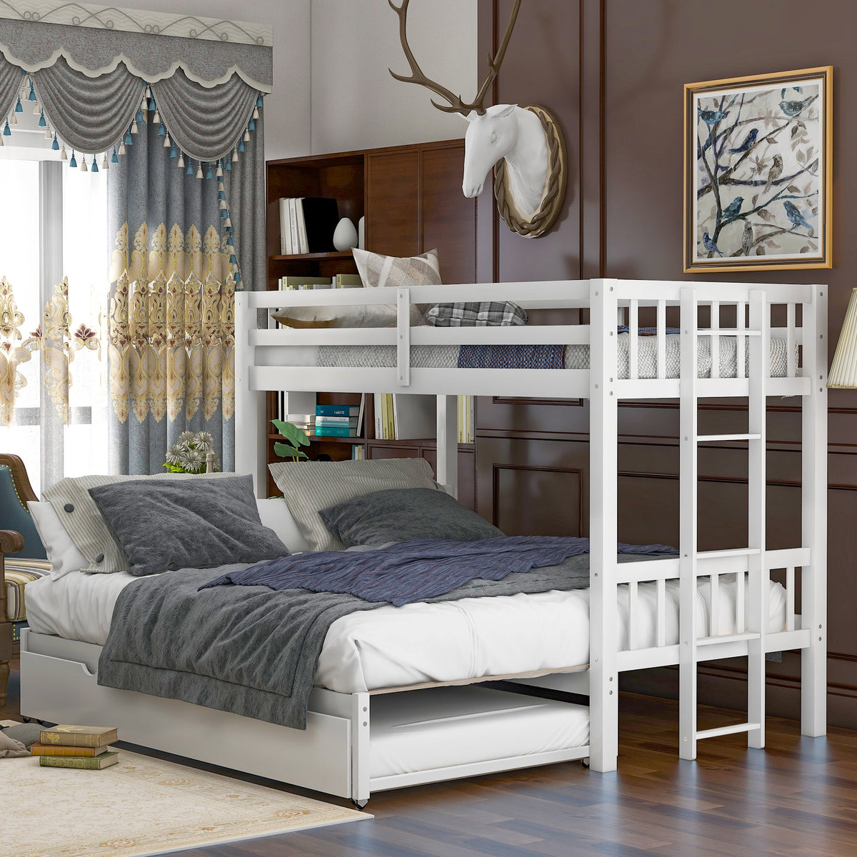 Twin Over Pull-Out Bunk Bed with Trundle, White