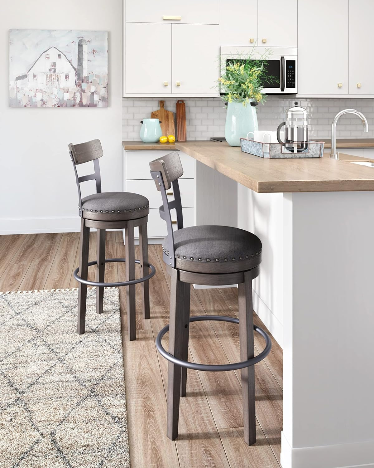 30 Inch Gray Upholstered Swivel Farmhouse Bar Stool