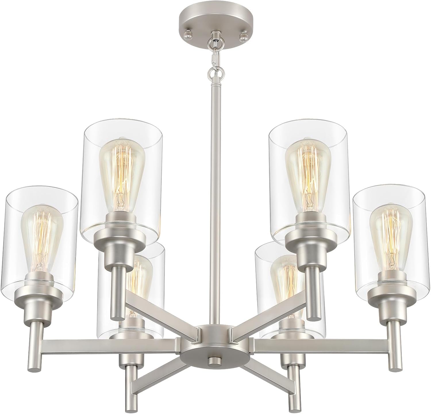 Brushed Nickel Six Light Chandelier With Clear Glass Shades featuring elegant design and warm lighting.