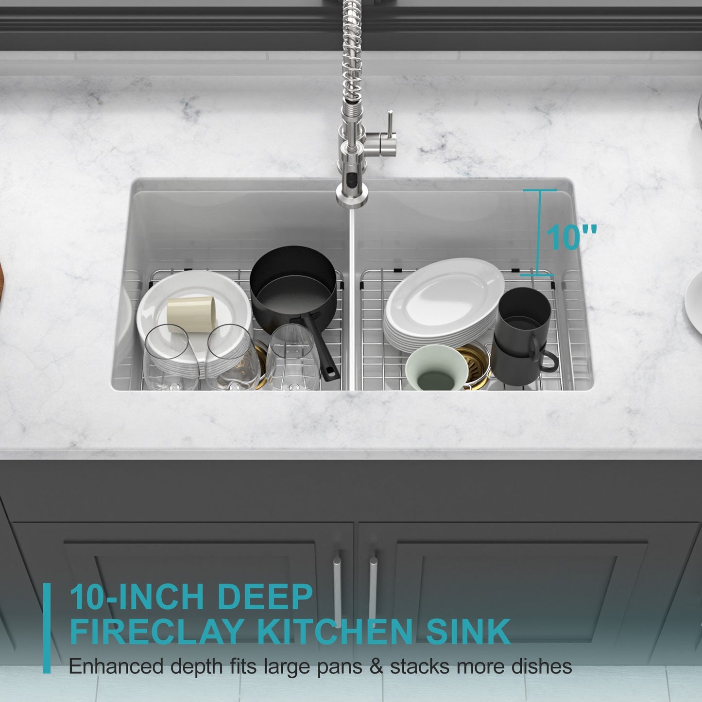 32"x19"x10" Undermount Double Bowl Porcelain Fireclay Kitchen Sink