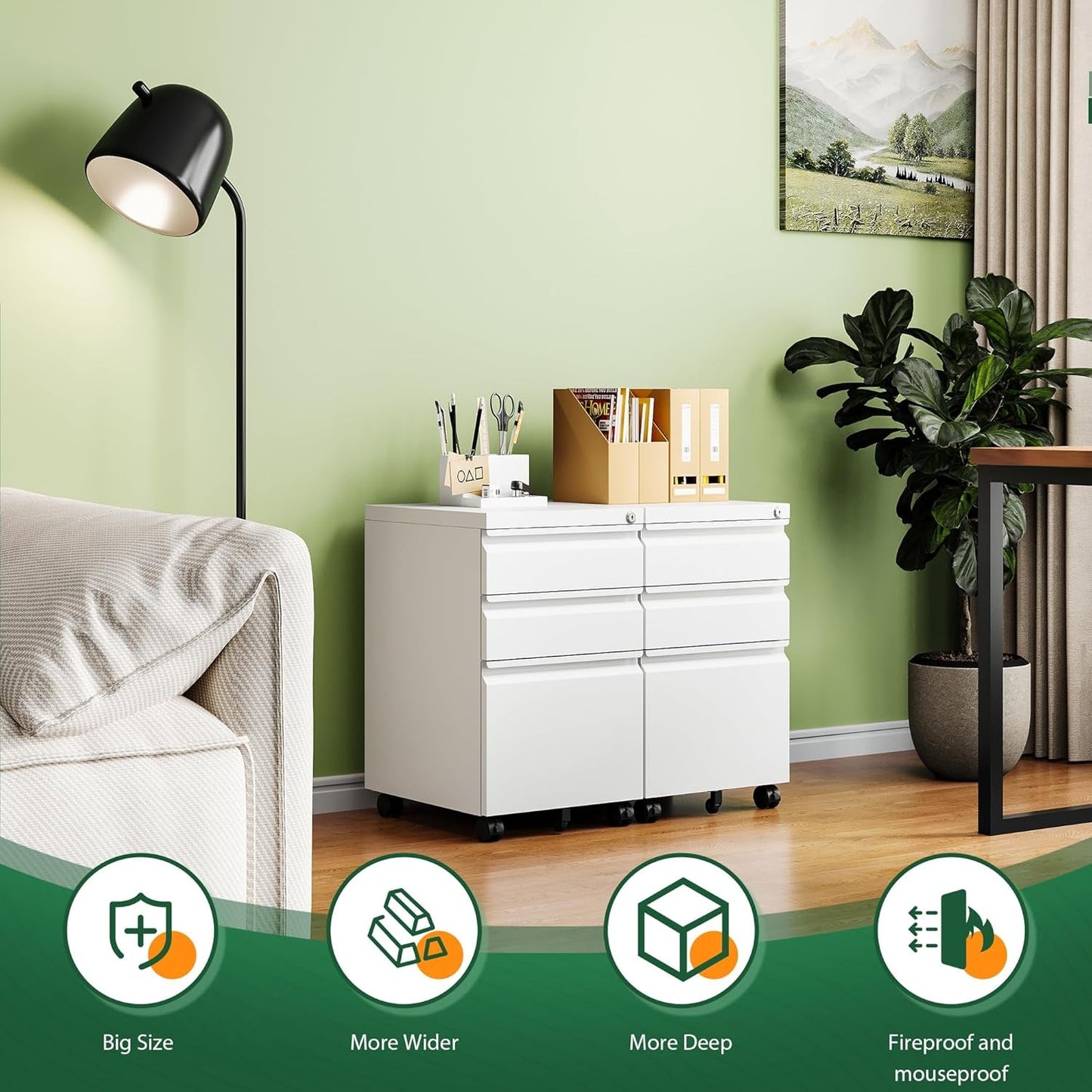 3 Drawer Mobile File Cabinet With Lock Under Desk Filing Cabinet For Home Office