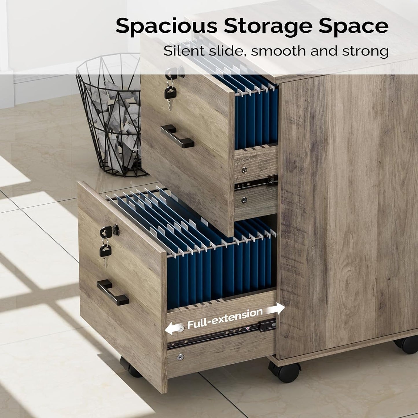 Rolling File Cabinet With Lock And Two Drawers For Letter Files