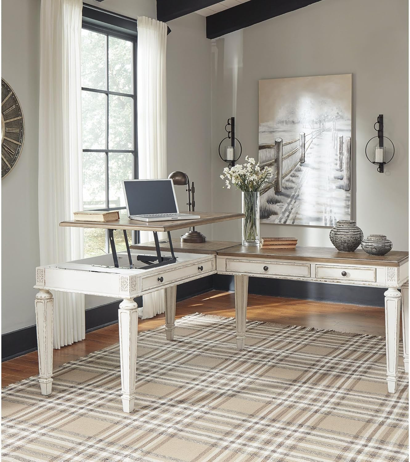Realyn French Country 60 Inch Lift Top Desk USB Charging