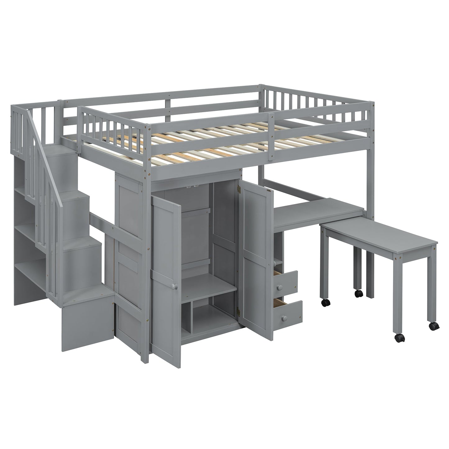 Full Size Loft Bed with Stairs, Bookshelf, Drawers, Desk & Wardrobe – Space-Saving Multifunctional Furniture for Kids & Teens-Gray
