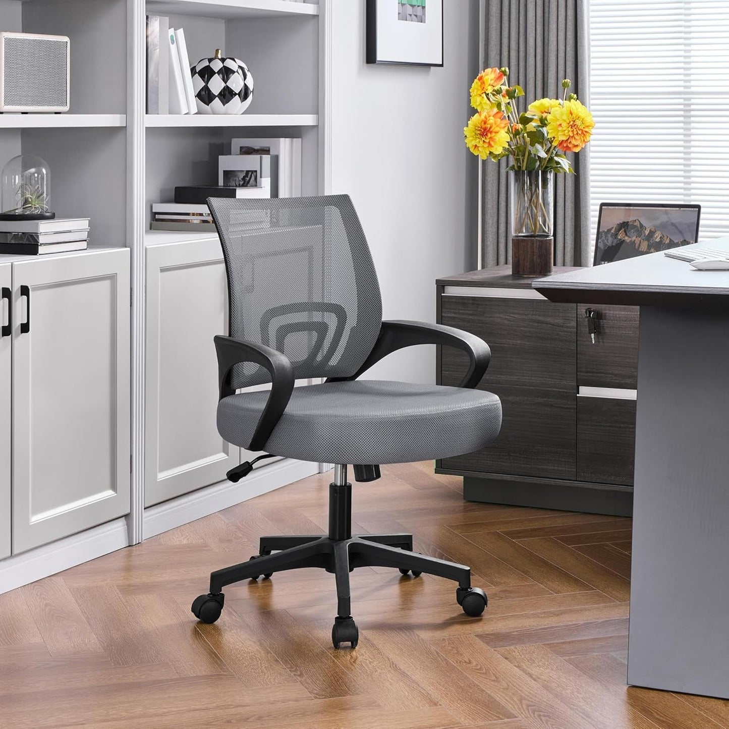 Dark Grey Ergonomic Mesh Office Chair With Lumbar Support Mid Back