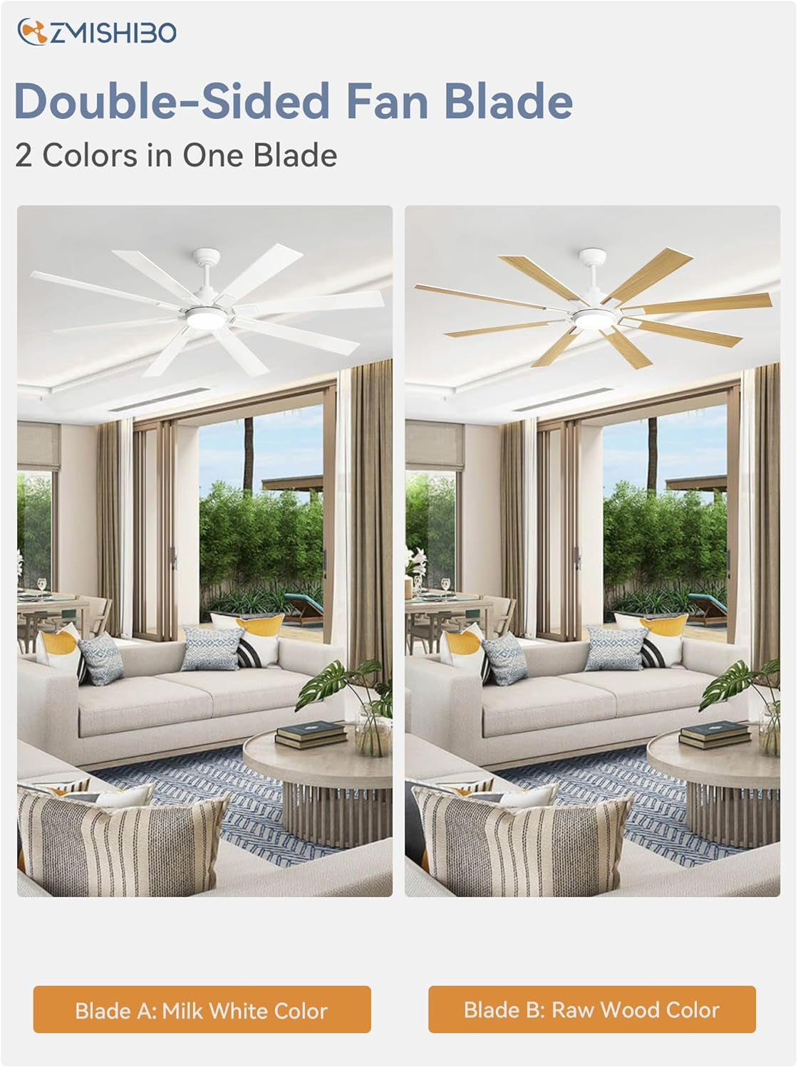 72 Inch White Ceiling Fan With Lights And Remote DC Motor displayed with double-sided fan blades in milk white and raw wood colors.