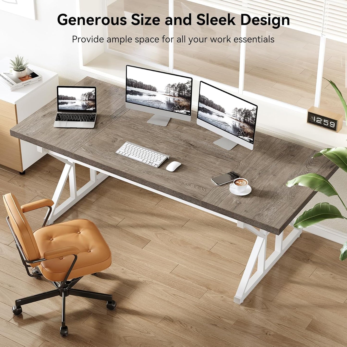 70.8 Inch Modern Executive Desk Grey White Home Office
