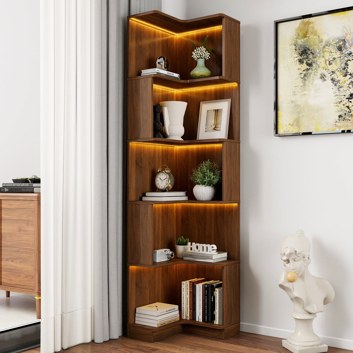 5 Tier Corner Bookshelf with Baffle and LED Lights