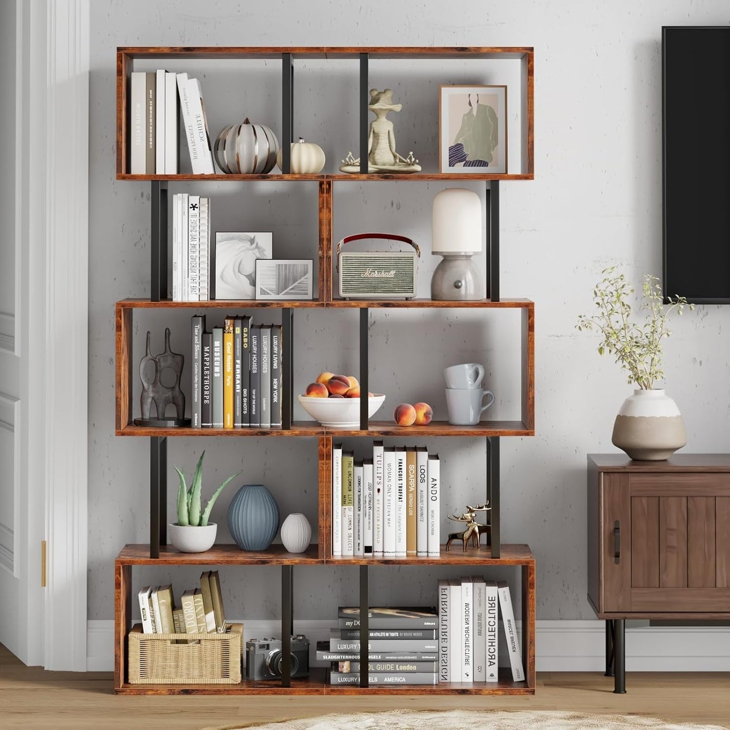 S Shaped 6 Tier Bookshelf Wood And Metal Room Divider