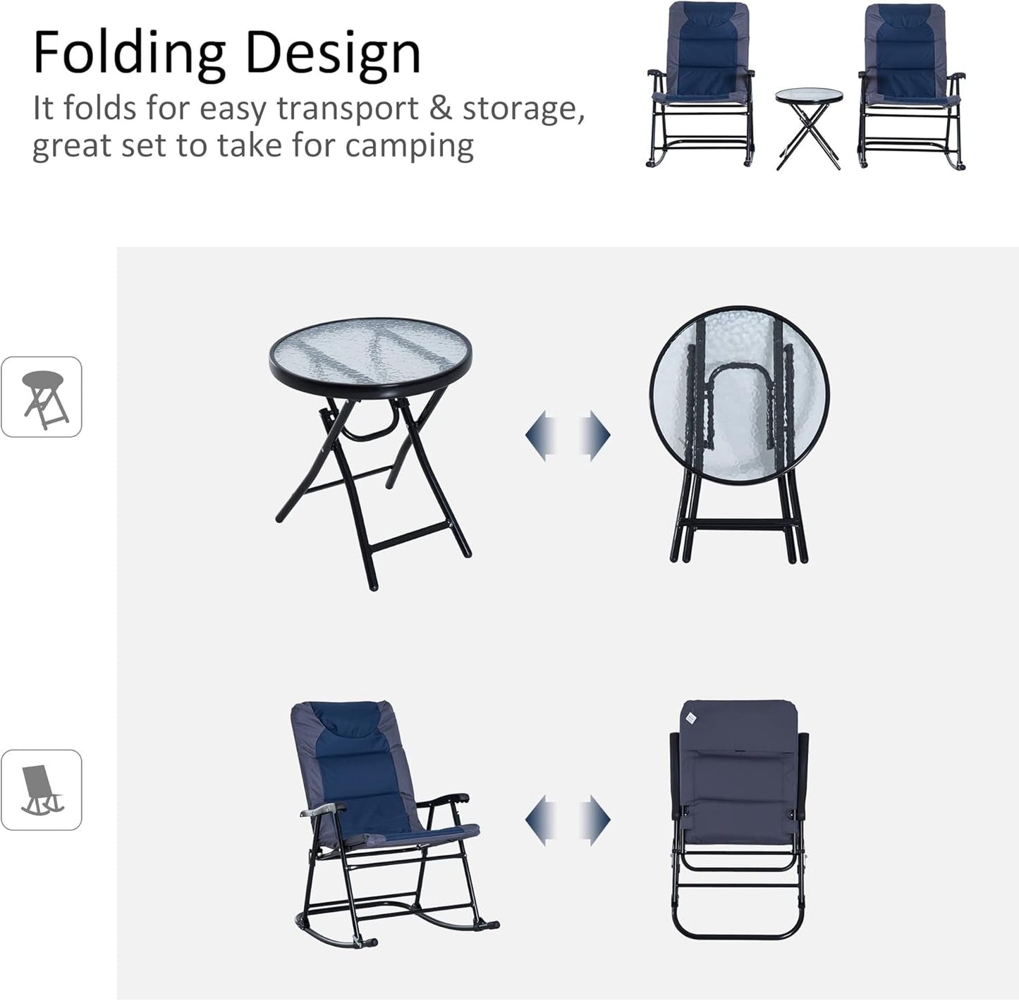 Three Piece Outdoor Patio Furniture Set With Glass Coffee Table And Two Folding Padded Rocking Chairs Navy Blue