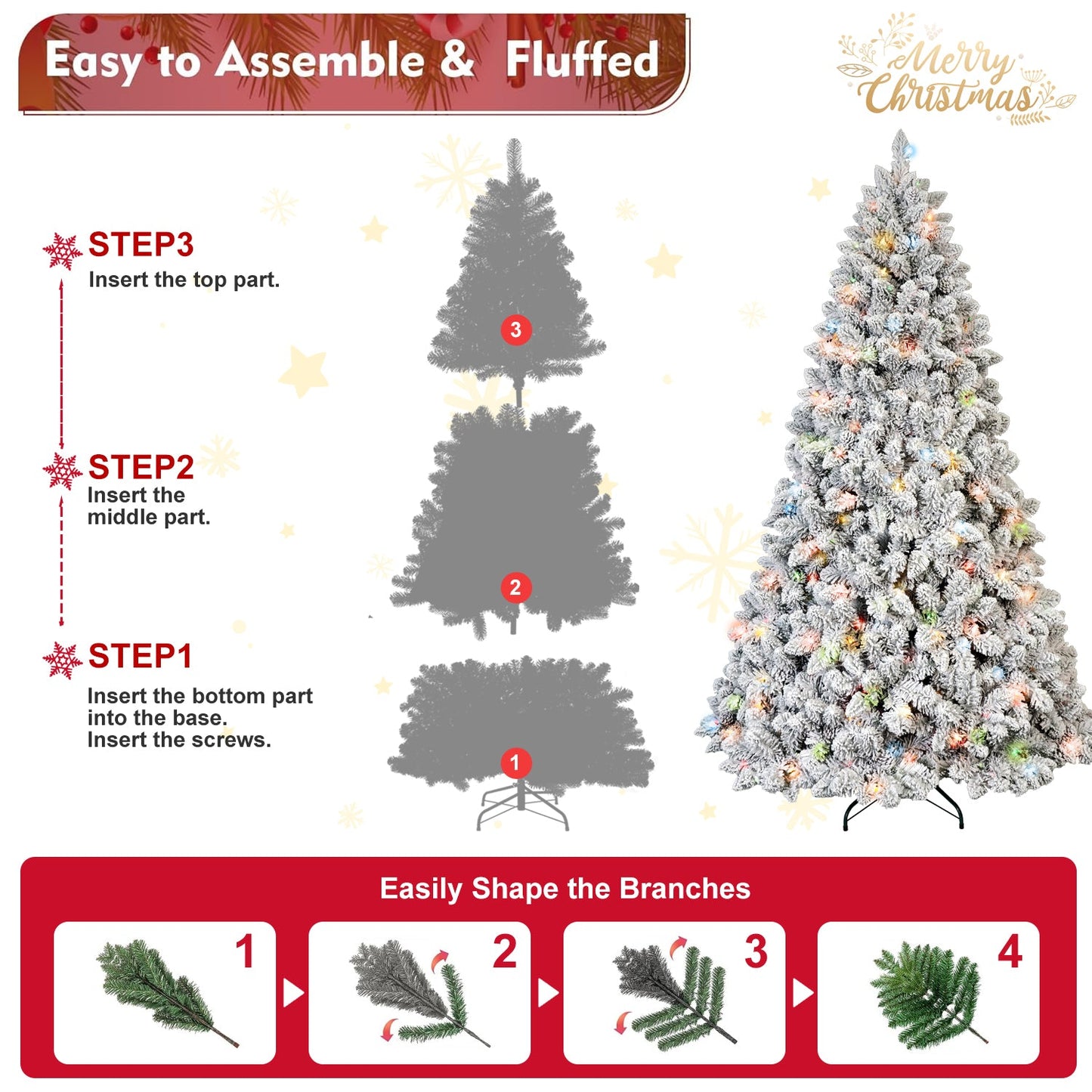 7FT Flocked Christmas Tree with 500 Colorful UL Lights
