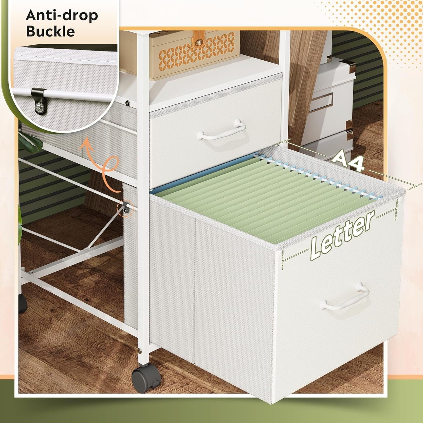 2 Drawer Fabric Vertical Filing Cabinet With Rolling Printer Stand For Home Office White