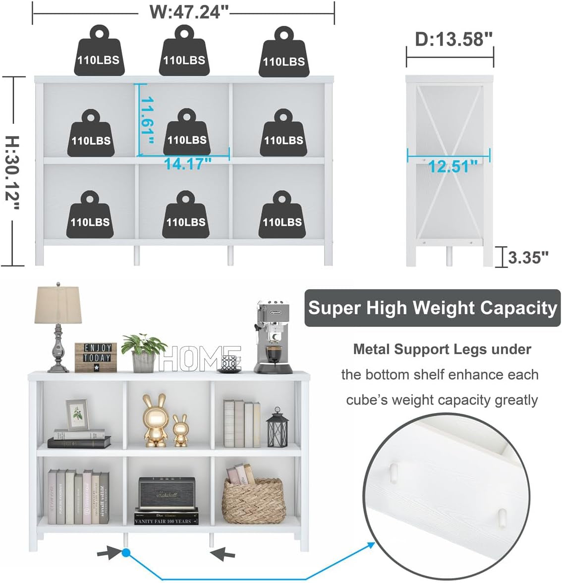Six Cube Storage Organizer White Oak 47 Inch Bookshelf