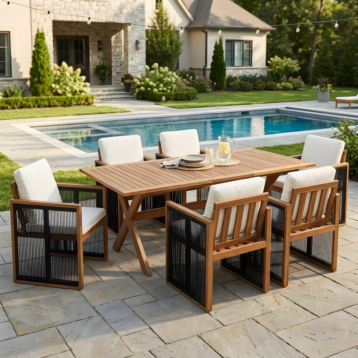 7 Pieces Acacia Wood Outdoor Dining Set with Cushions