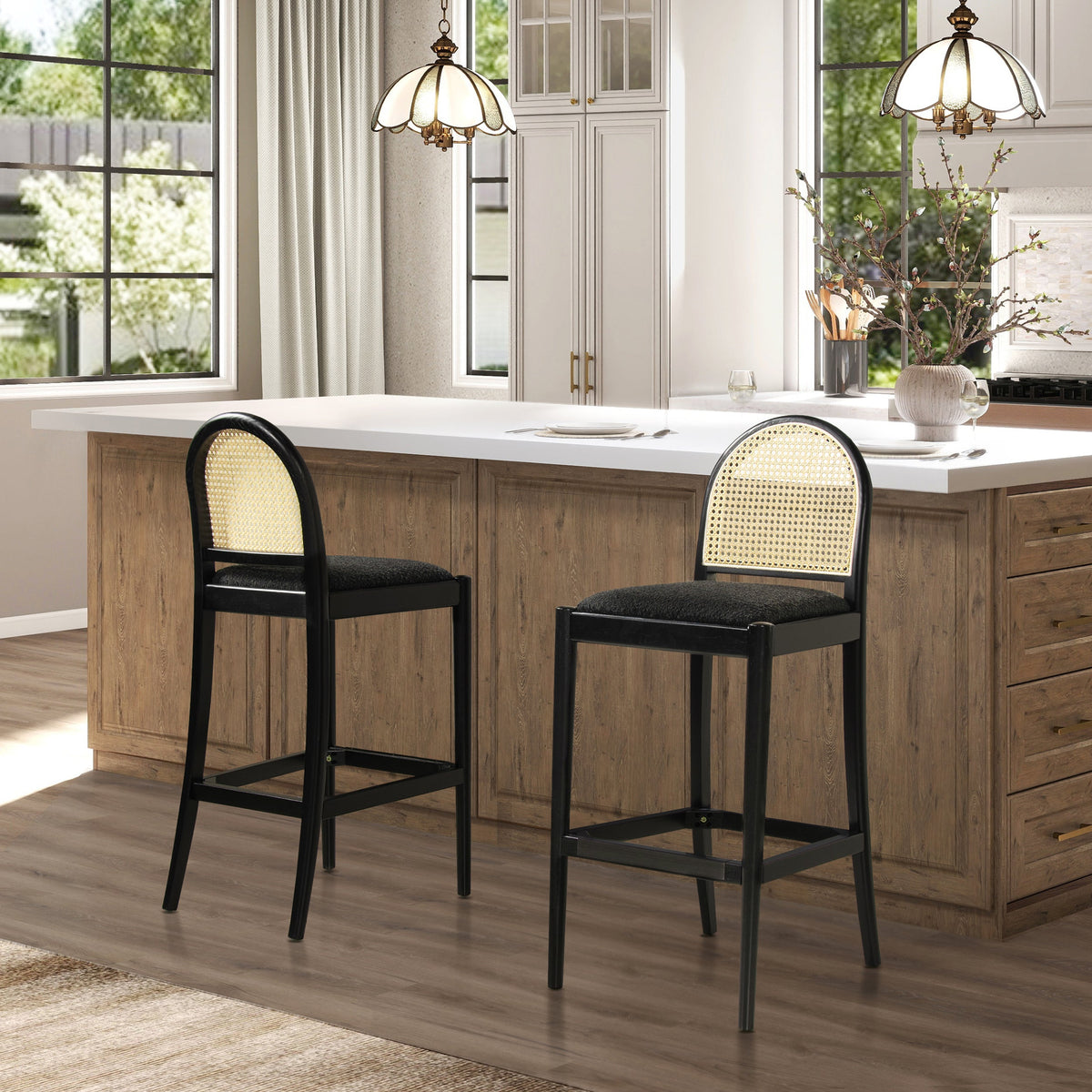 Panama 30.5" Curved Back Cane Rattan Bar Stool, Set of 2, Ebony