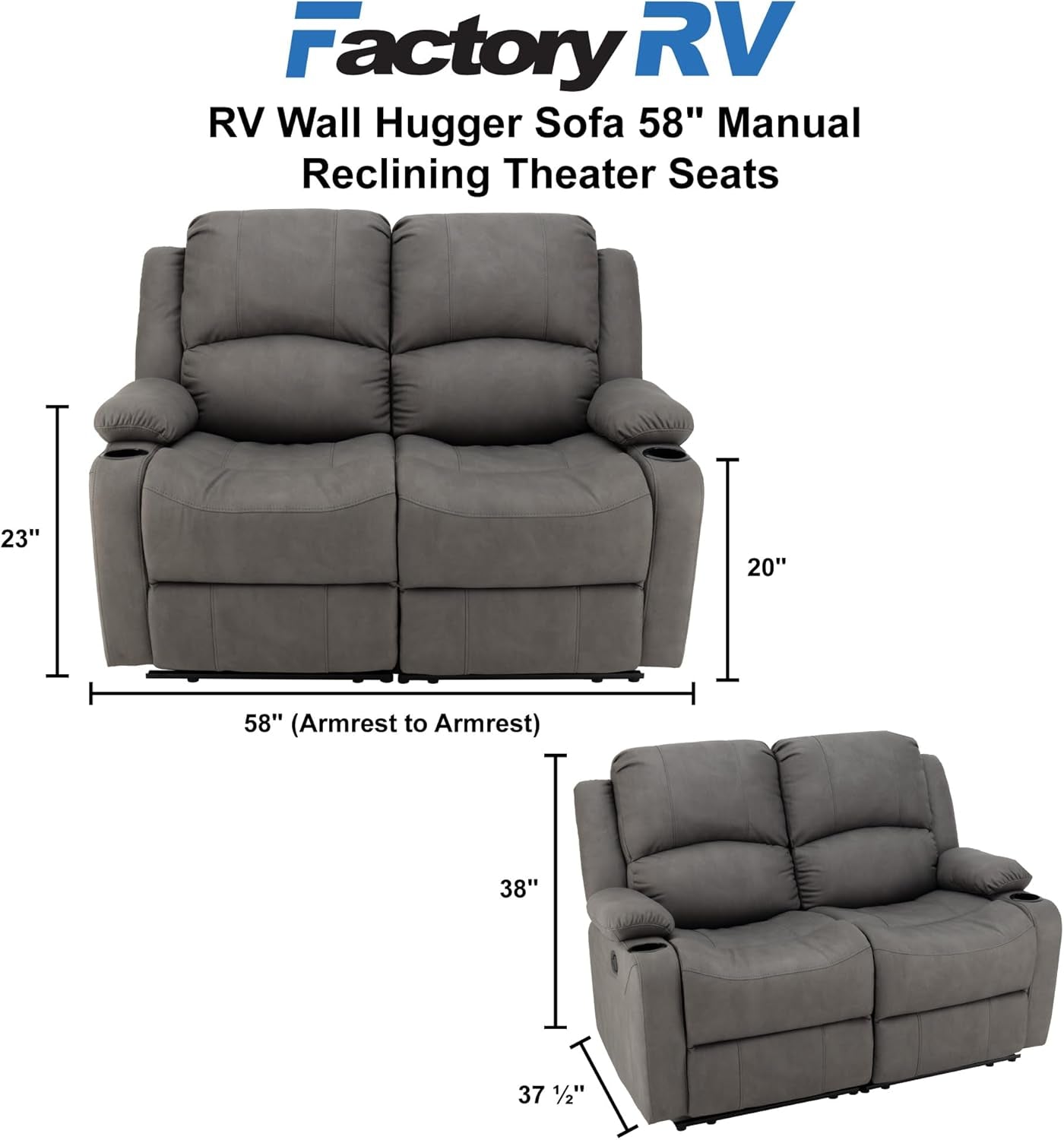 58 Inch Wall Hugger Double Recliner RV Theater Seats Slate