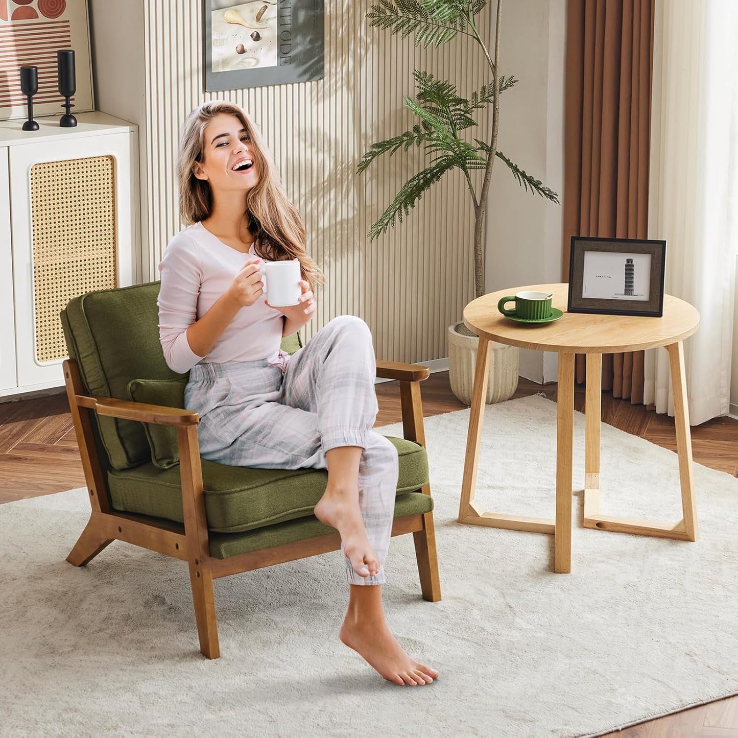 Green Luxury Upholstered Armchair With Lumbar Pillow