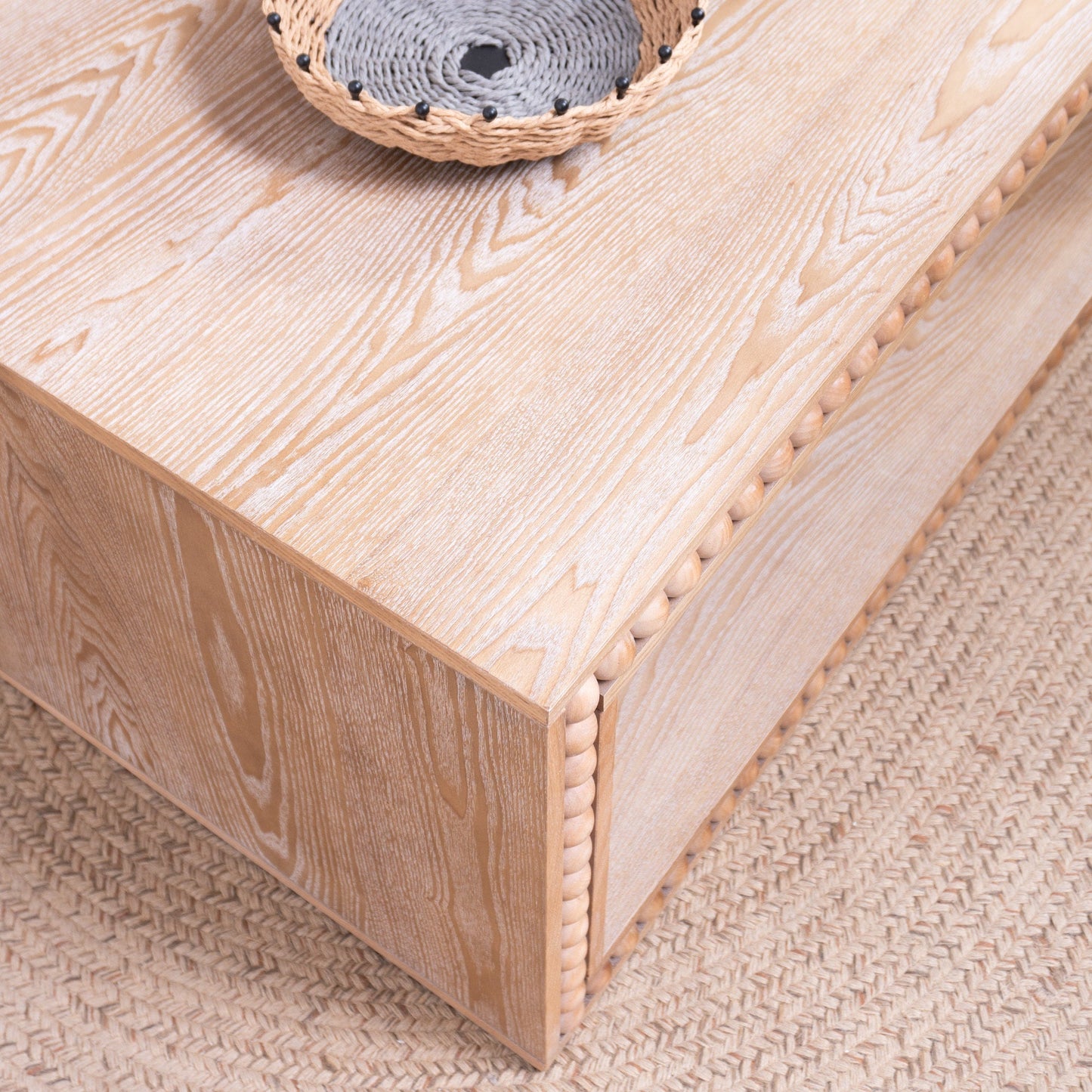 Rustic Beaded Edge Coffee Table – 47.6" Rectangular Center Table with Open Storage Shelf