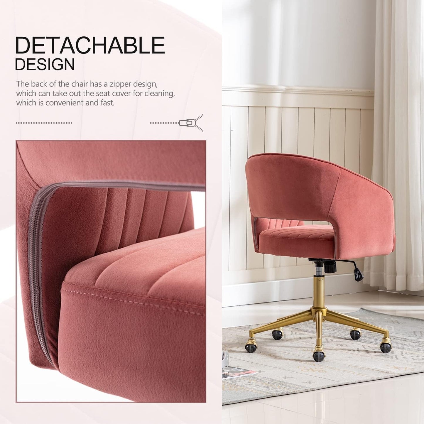 Rose Velvet Office Desk Chair With Ergonomic Design And Swivel Wheels