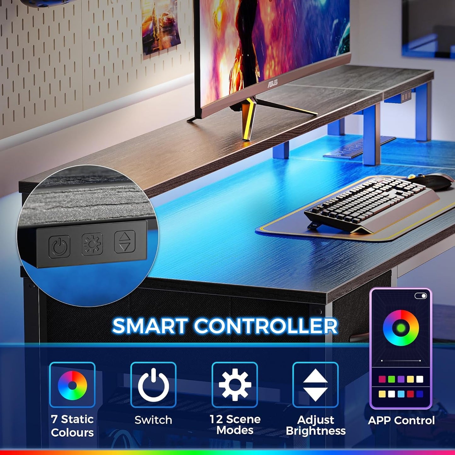 47 Inch L Shaped Desk With Led Lights And Power Outlets Grey